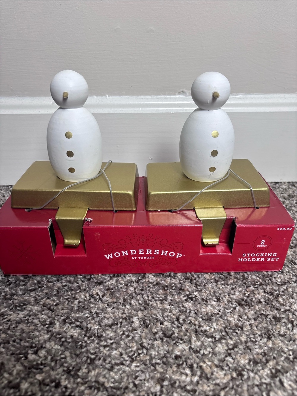 Wondershop White & Gold Wooden Snowman Stocking Holder Set